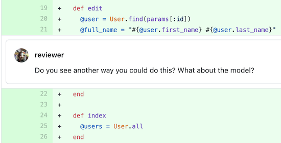 Git diff demonstrating feedback that gives hints