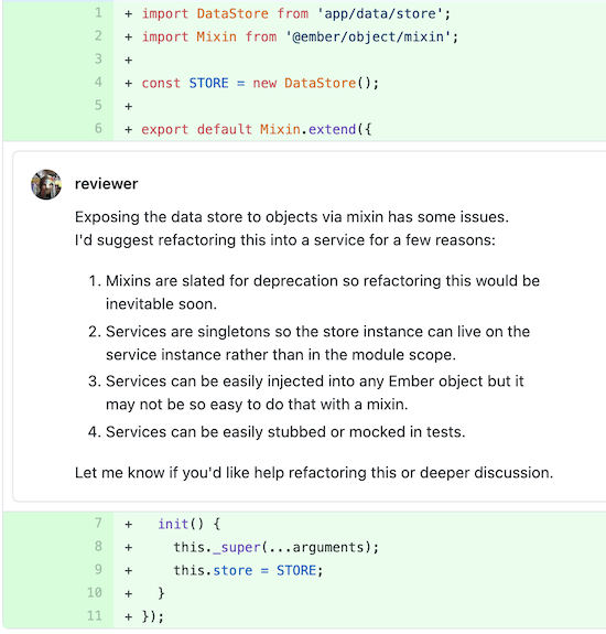 Git diff demonstrating feedback that is more direct